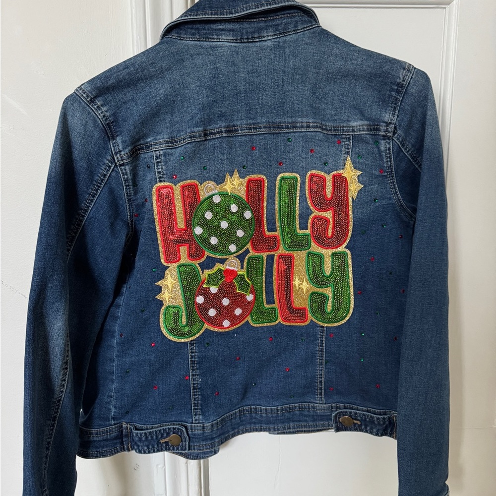 Christmas Upcycled Denim Jacket - Holly Jolly sequin patch